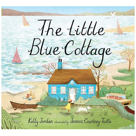 The Little Blue Cottage book cover shows a blue seaside cottage with a girl and dog by the shore.