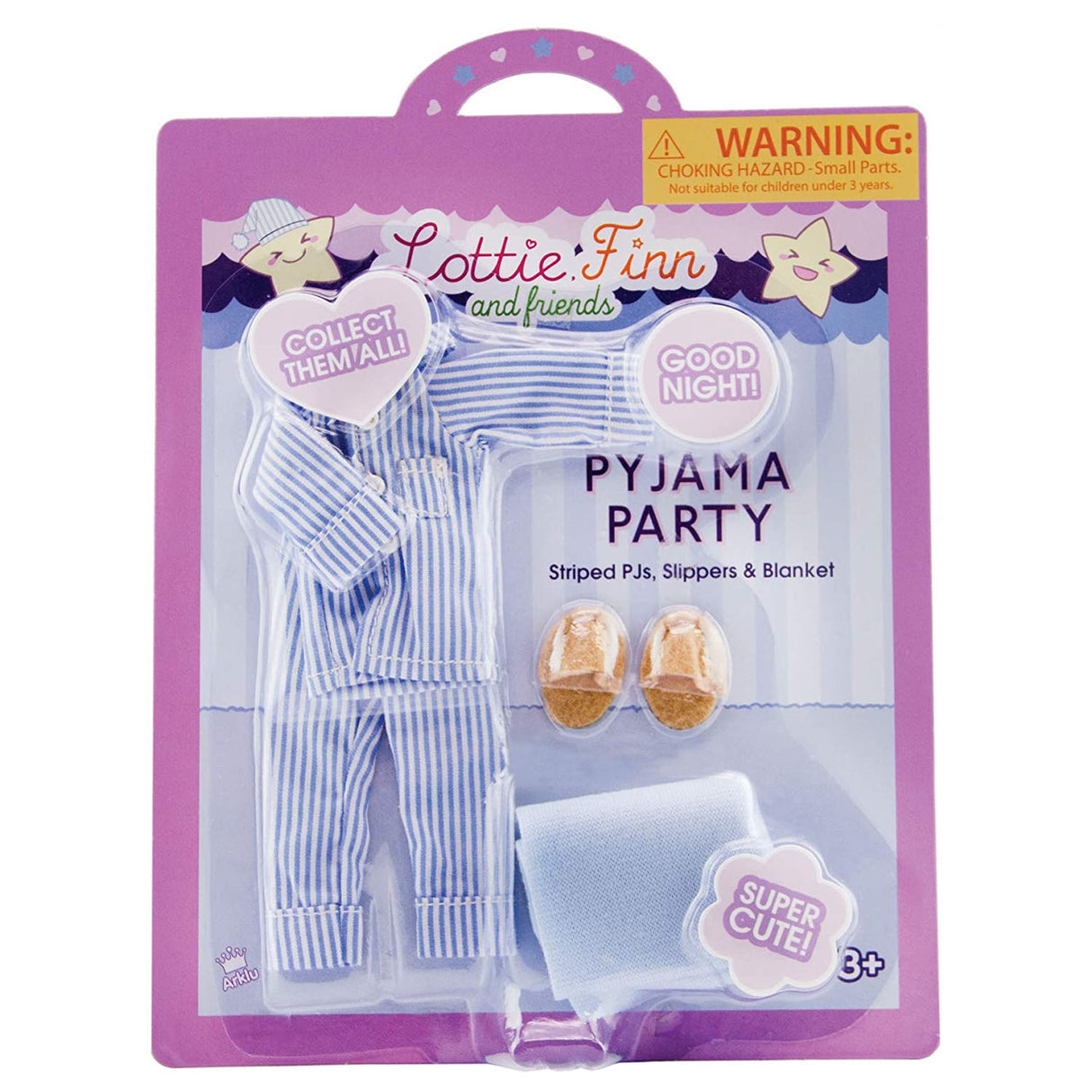 Lottie PJ Outfit with striped doll pajamas, cozy slippers, and soft blanket for 7 inch dolls ages 3+