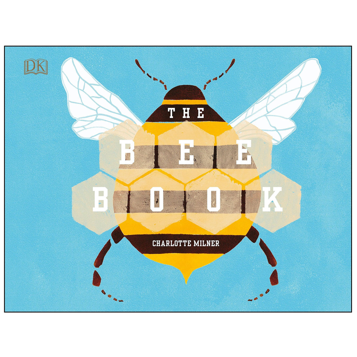 The Bee Book cover with a colorful illustrated bee on a blue background by Charlotte Milner.