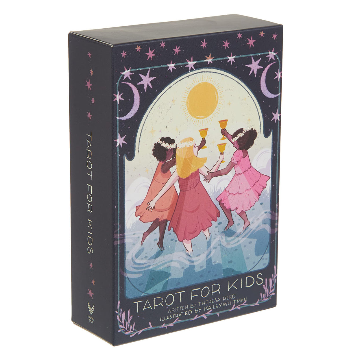 Tarot for Kids box with illustrated children dancing under the moon and stars holding cups in a friendly tarot design.