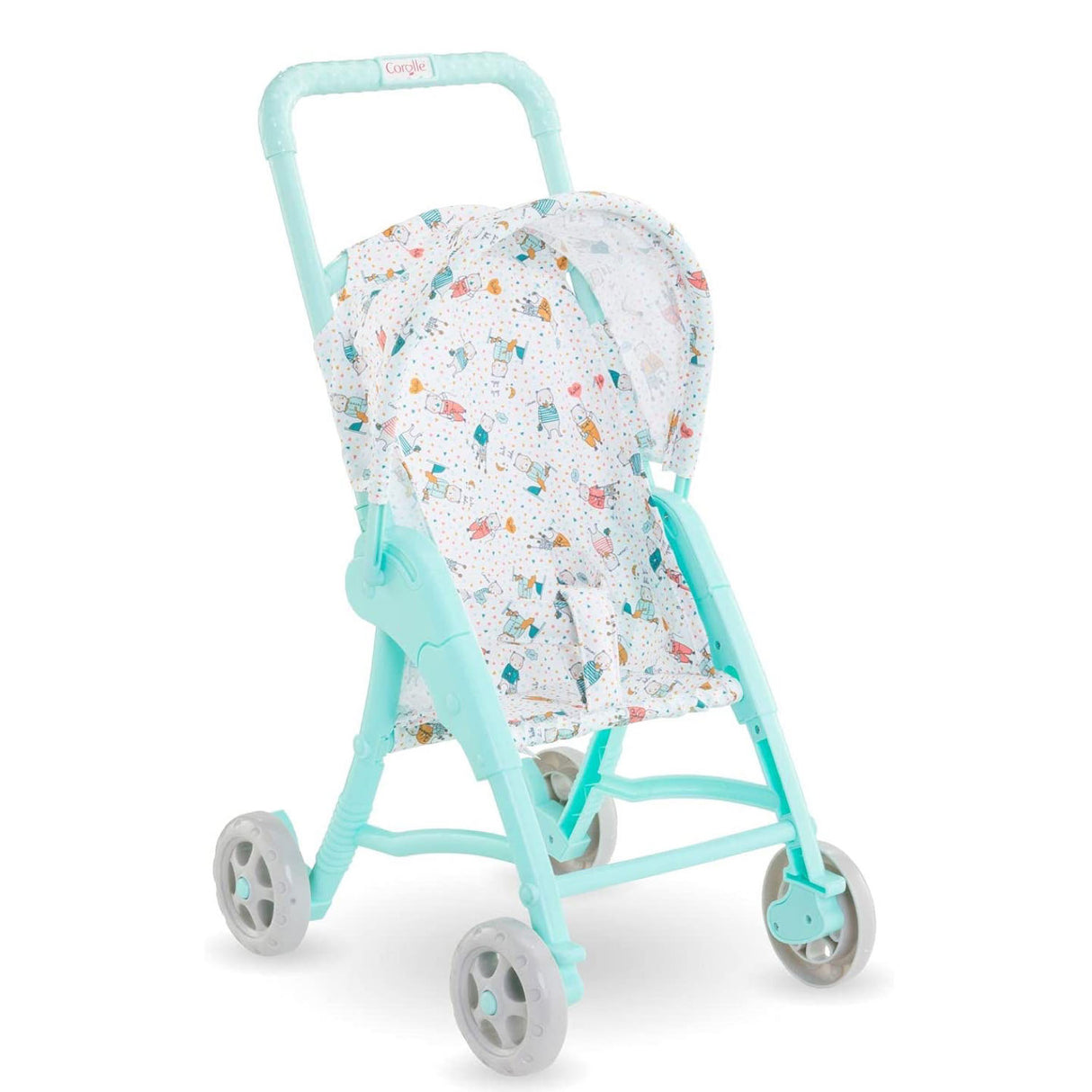 Stroller Mint with charming print, folding canopy, and adjustable belt for dolls up to 12 inches in the Mon premier poupon collection.