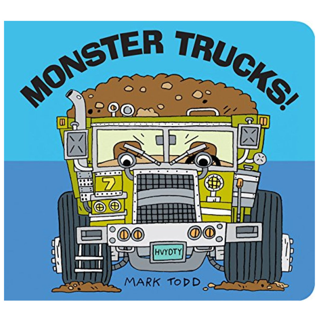 Monster Trucks book cover showing a lively illustrated dump truck with dirt piles and bold title Monster Trucks.