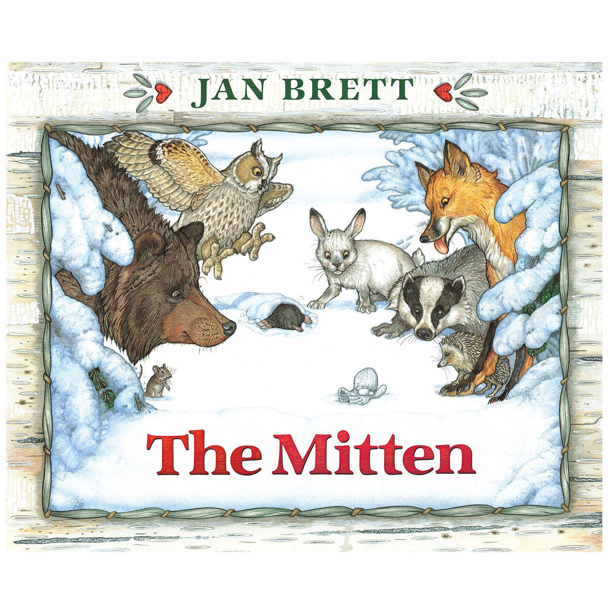 The Mitten book cover showing woodland animals gathered in snow around a hidden mitten in a winter forest scene.