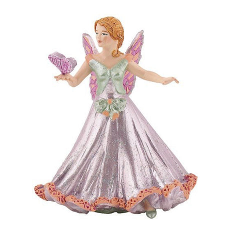 Pink Butterfly Elf figurine with glittery pink skirt, butterfly wings, and holding a purple butterfly decoration.