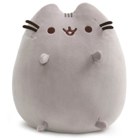 Pusheen Squisheen Sitting plush with elastic fabric, soft surface, signature smile, and paws ready for squishing.