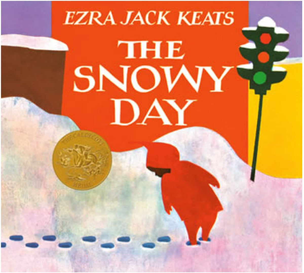 Cover of The Snowy Day showing a child in a red snowsuit walking in snow with a city traffic light in the background.
