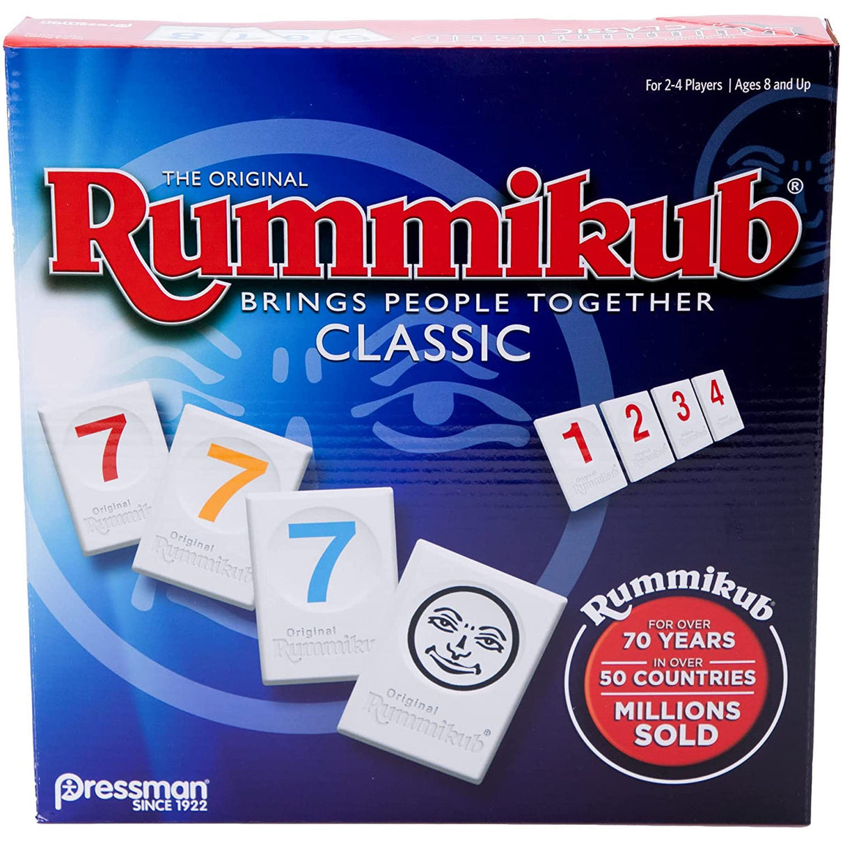 Rummikub classic game box featuring colorful number tiles for ages 8 and up, by Pressman, for 2-4 players.
