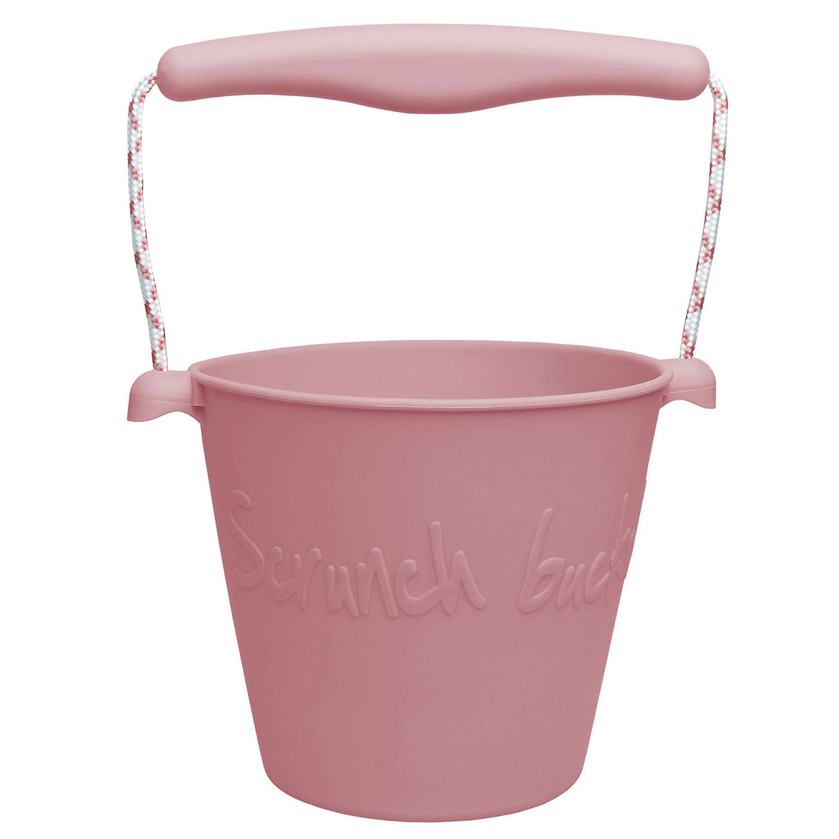 Scrunch Bucket Dusty Rose with rope handle, flexible 100% LFGB silicone, 1.5L capacity, perfect for kids aged 12 months plus.