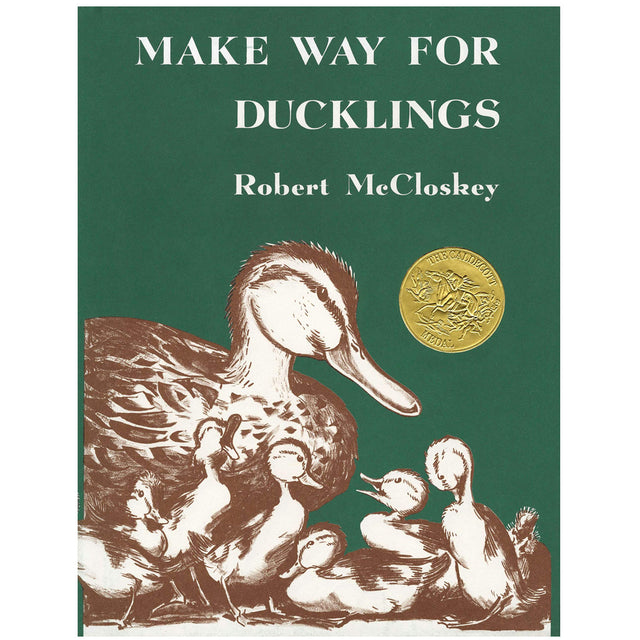 Make Way For Ducklings book cover showing Mrs. Mallard and her eight ducklings with Caldecott Medal.