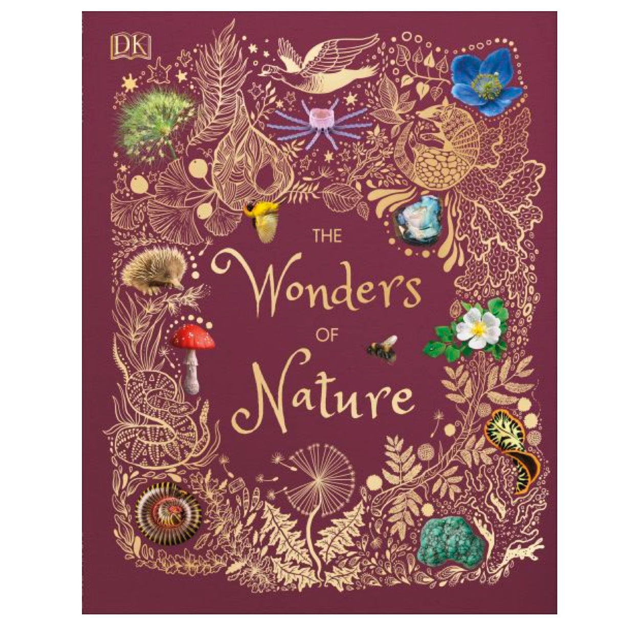 Cover of Wonders of Nature featuring detailed illustrations and photos of animals, plants, and minerals on maroon background.