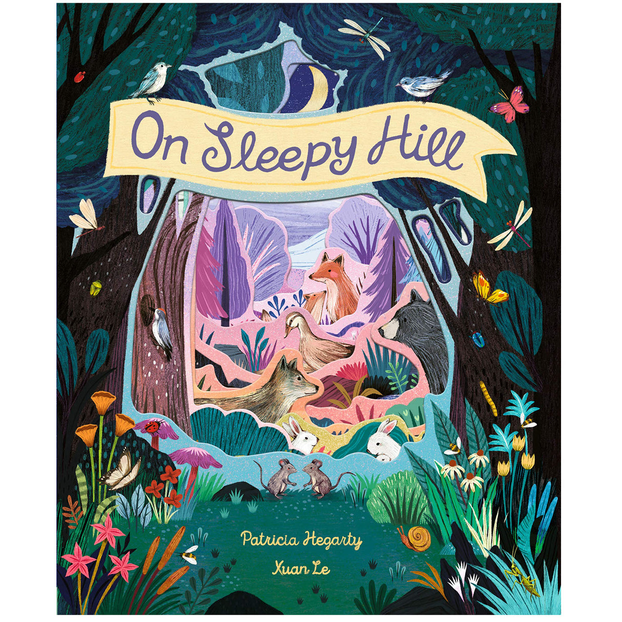 On Sleepy Hill cover showing forest animals settling for the night with detailed, colorful illustrations and cut-out designs.
