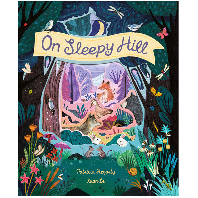 On Sleepy Hill cover showing forest animals settling for the night with detailed, colorful illustrations and cut-out designs.