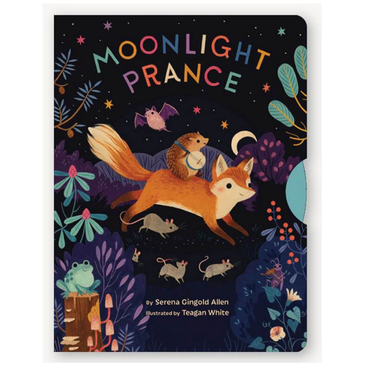 Moonlight Prance book cover showing a playful fox and woodland animals under a starry night sky in a colorful scene