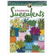 Stunning Succulents Coloring Book cover with colorful illustrated potted succulents in various creative planters.