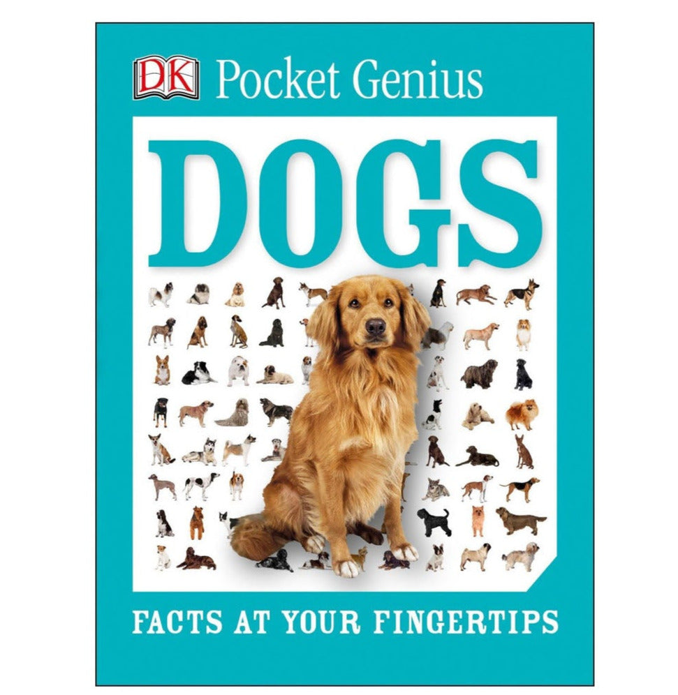 Cover of Pocket Genius Dogs book showing a golden retriever with multiple dog breed illustrations on a blue background.