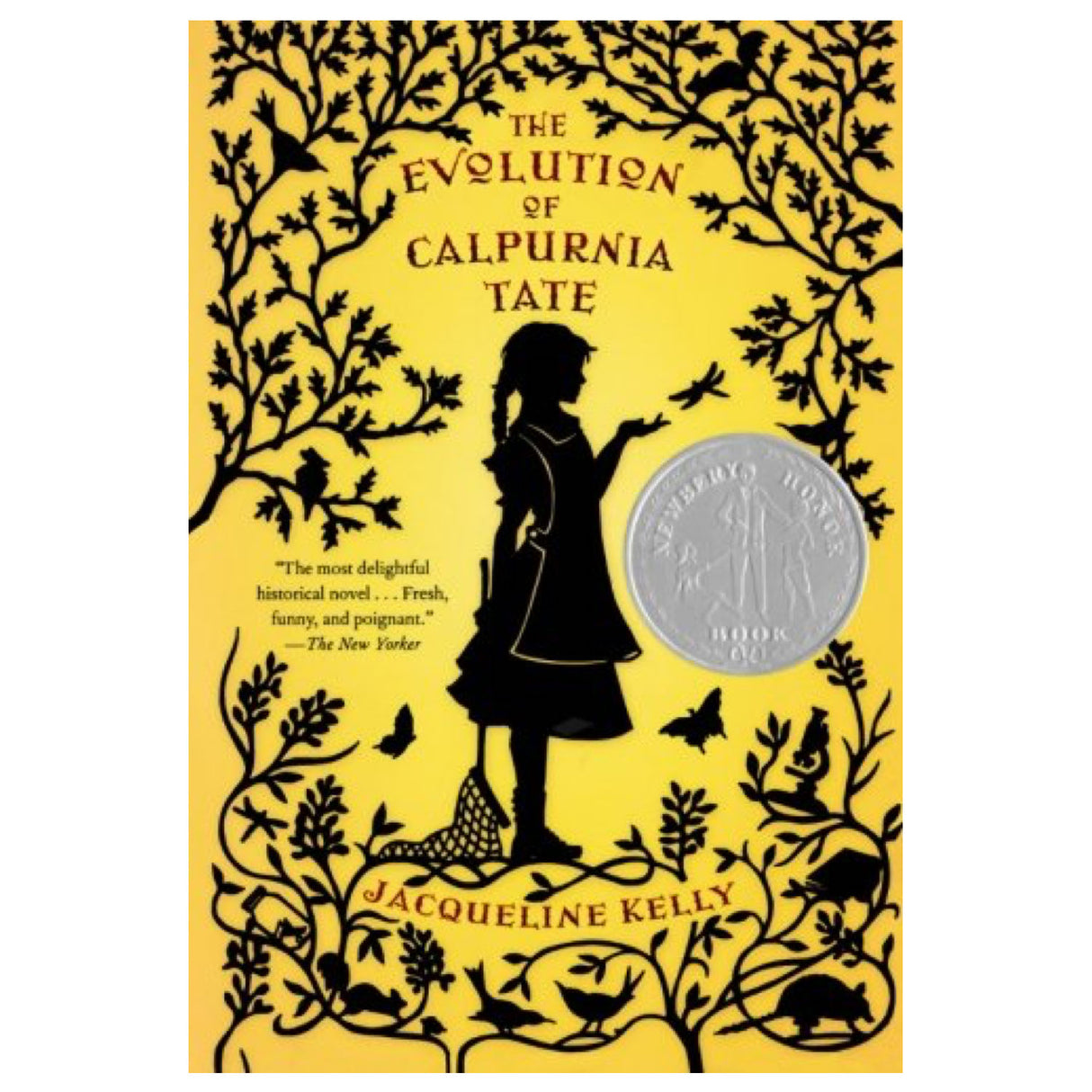 The Evolution of Calpurnia Tate book cover with silhouette of a girl and nature-themed black illustrations on yellow background.