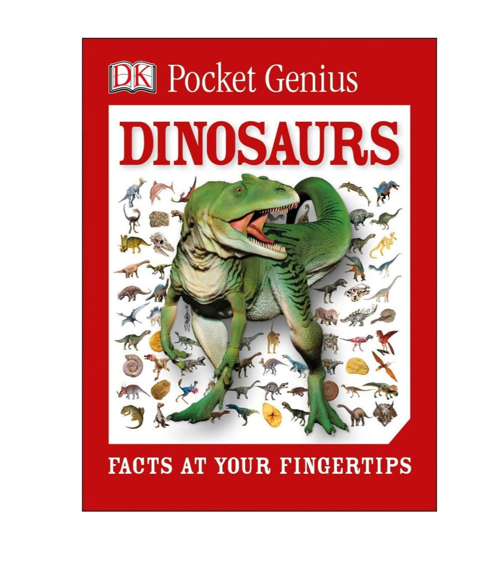 Pocket Genius Dinosaurs book cover featuring a green dinosaur and various prehistoric animals illustrations.