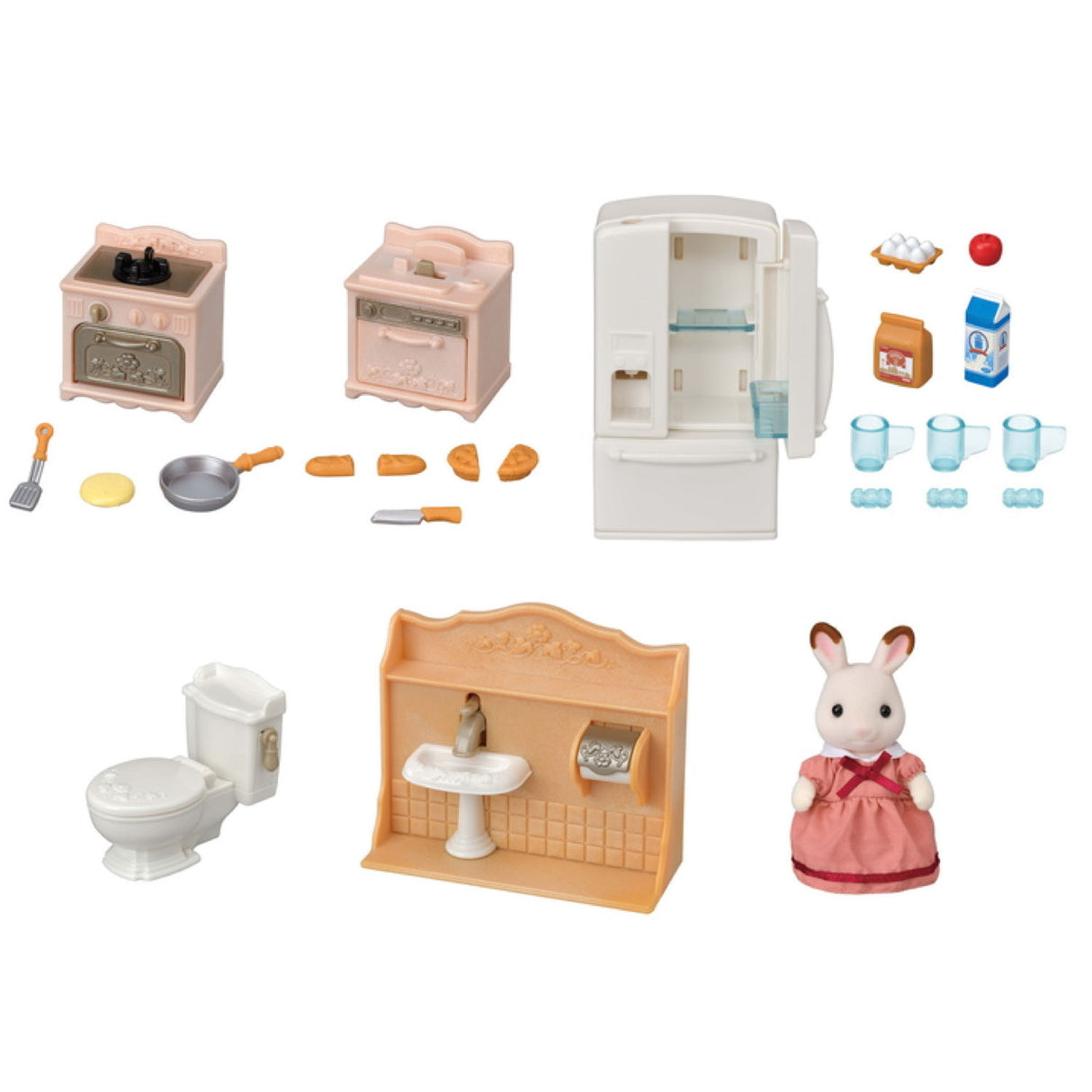 Playful Furniture set with stove, fridge, sink, toilet, kitchen accessories, and Hopscotch Rabbit Mother figure.