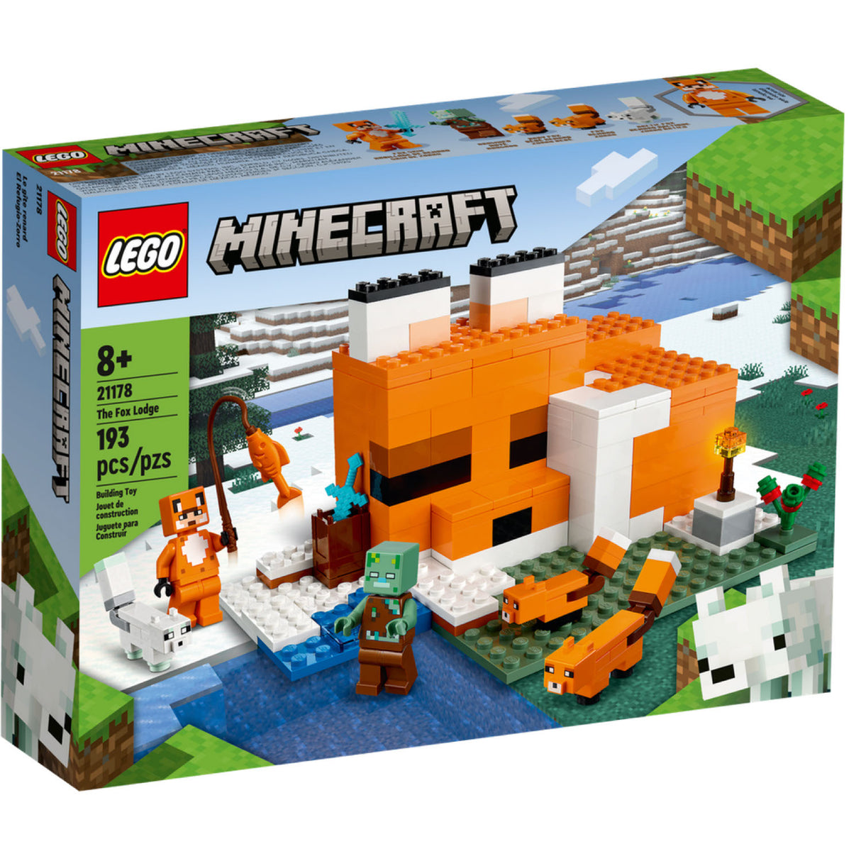 LEGO Minecraft The Fox Lodge set with sleeping fox build, baby and adult foxes, Arctic fox, and Minecraft characters for kids 8+