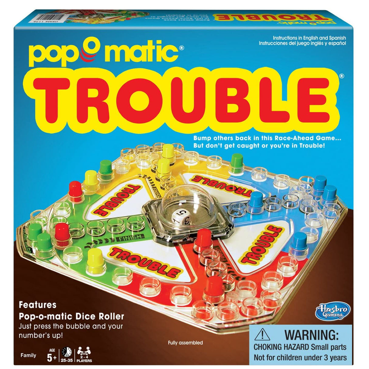 Pop-o-matic Trouble board game with colorful pegs and dice roller for family fun ages 5 and up, players 2-4.
