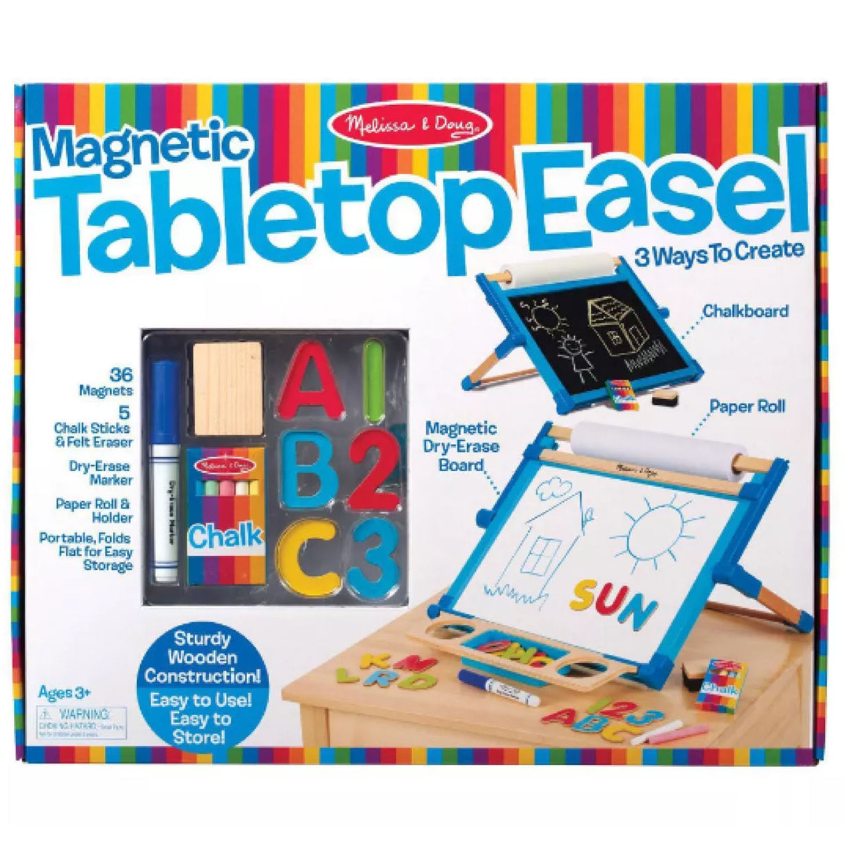 Magnetic Tabletop Easel with double-sided board, paper roll, markers, chalk, magnets, and storage tray for kids creativity.