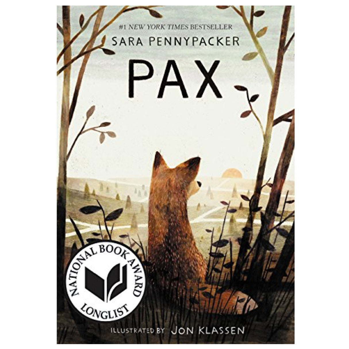 Cover of the book Pax by Sara Pennypacker showing a fox sitting among trees at sunset.