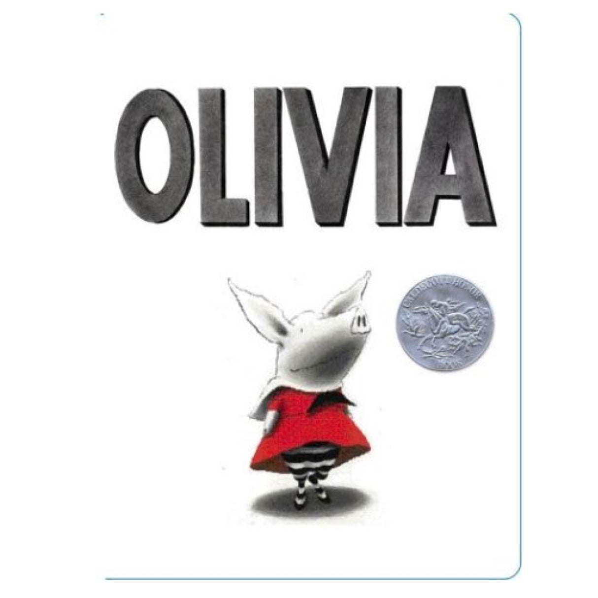 Olivia board book cover featuring the beloved pig in a red dress with Caldecott Honor seal for toddlers ages 3-6.