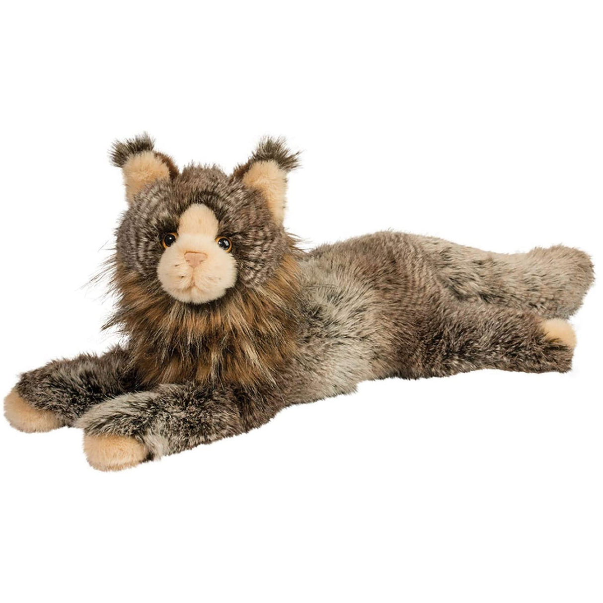 Maine Coon Cat Oscar plush toy lying down with realistic fur textures and golden eyes, soft and lifelike stuffed animal.