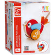 Hape Lilly Musical Bird Push Toy with colorful wooden design, rubber wheels, and melody for toddlers learning to walk.