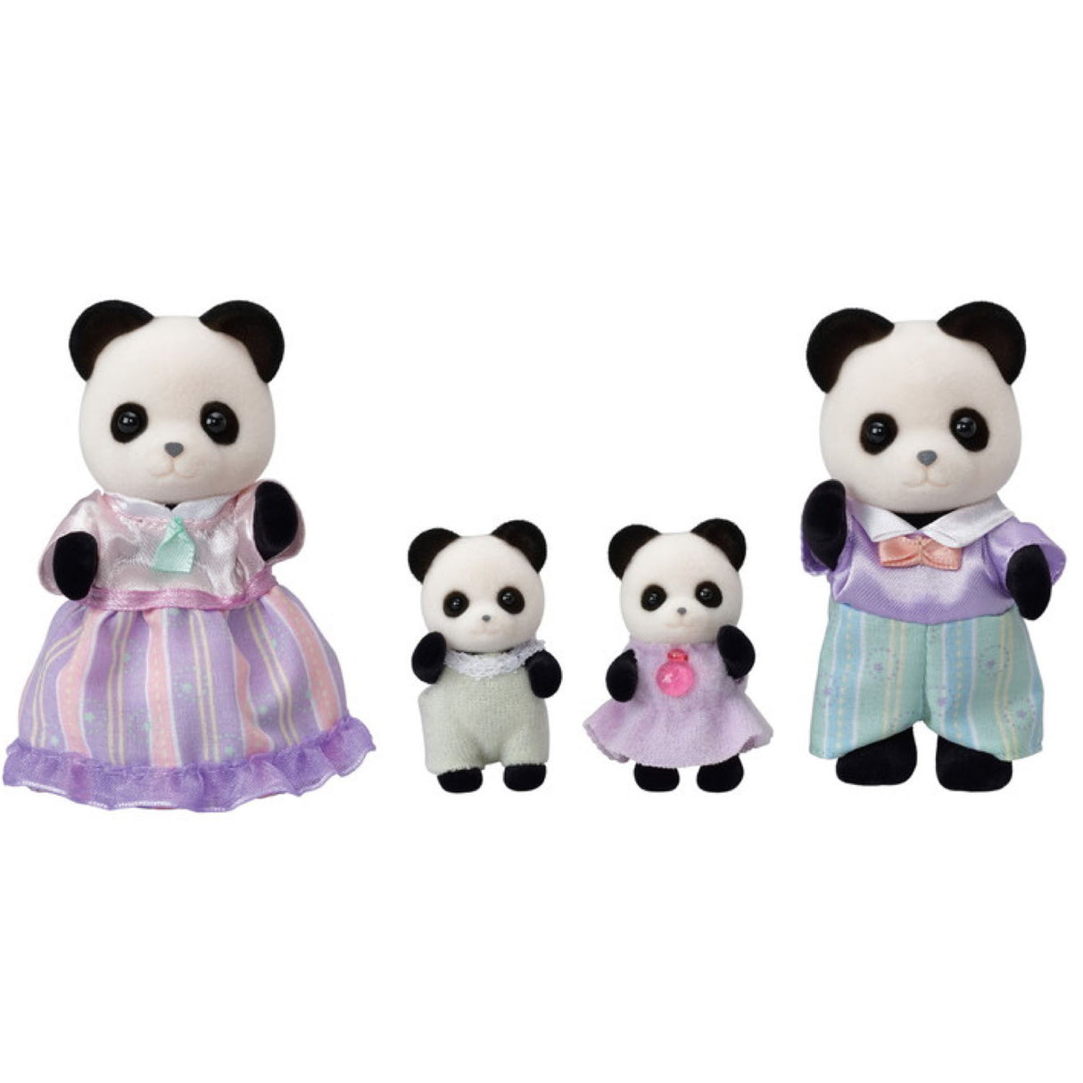 Pookie Panda Family four-piece set with movable limbs and removable fabric clothing, featuring cheerful panda figures.