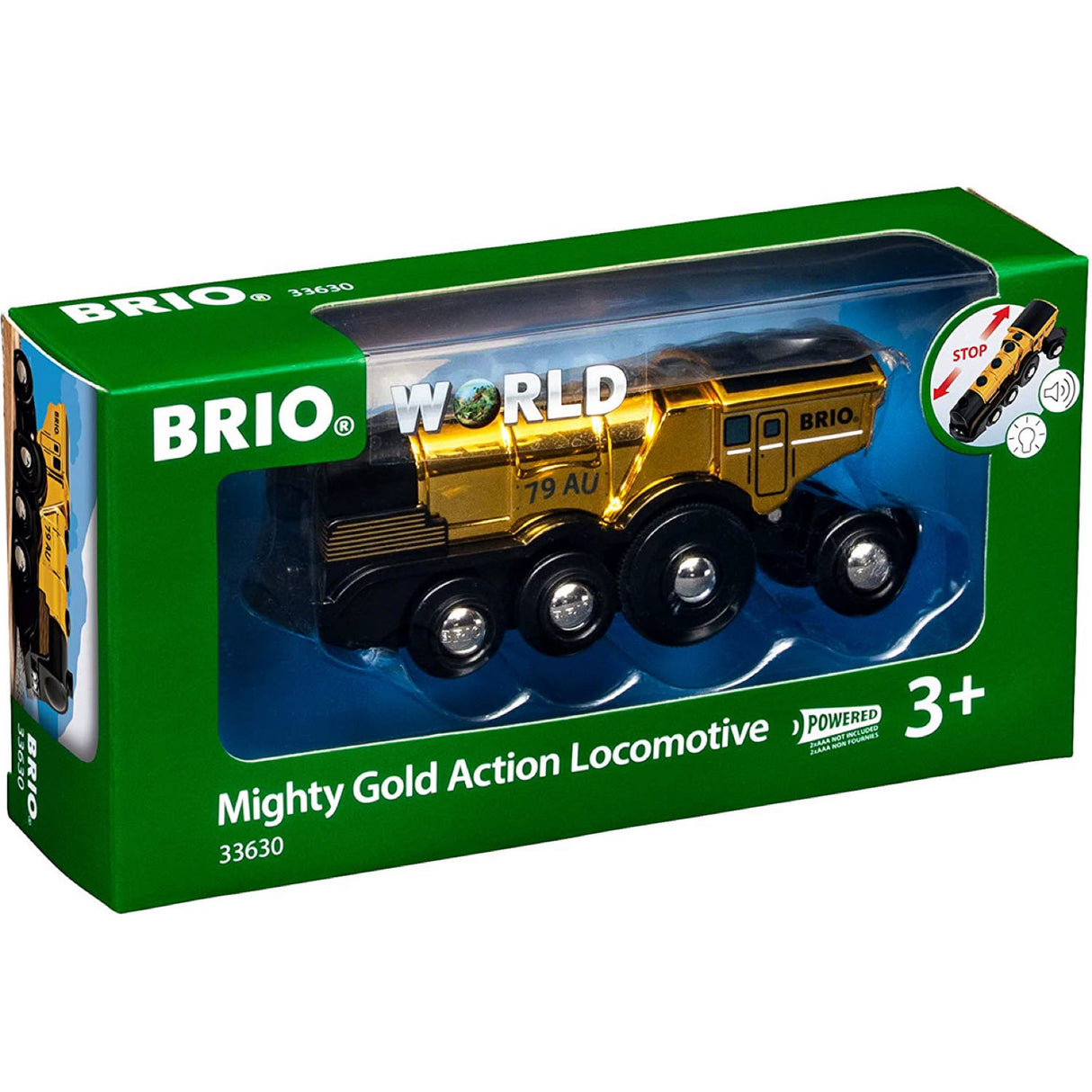 Mighty Golden Action Locomotive toy train with shiny gold paint, battery-powered, light and sound effects in green BRIO packaging.