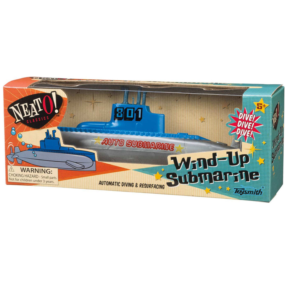 Wind-Up Submarine bath toy with long-lasting sealed gears designed to dive and resurface for ages 5+