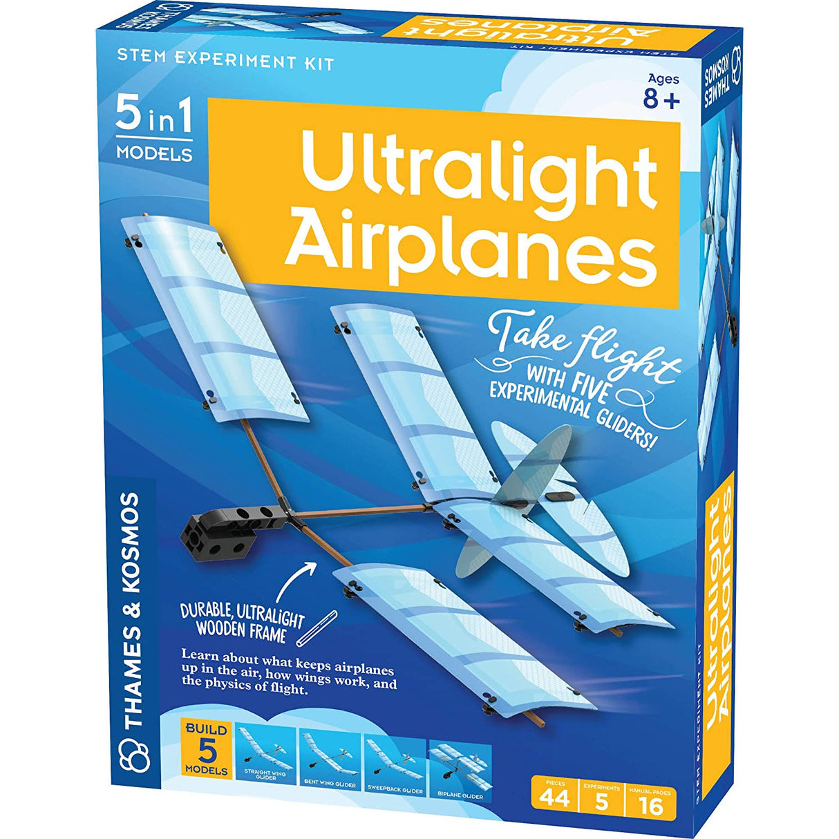 Ultralight Airplanes STEM kit with plastic and bamboo parts to build five experimental gliders for ages 8 and up.