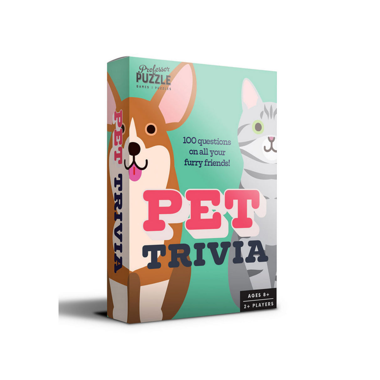 Pets Mini Trivia card game box featuring a playful dog and cat illustration for ages 8 and up.