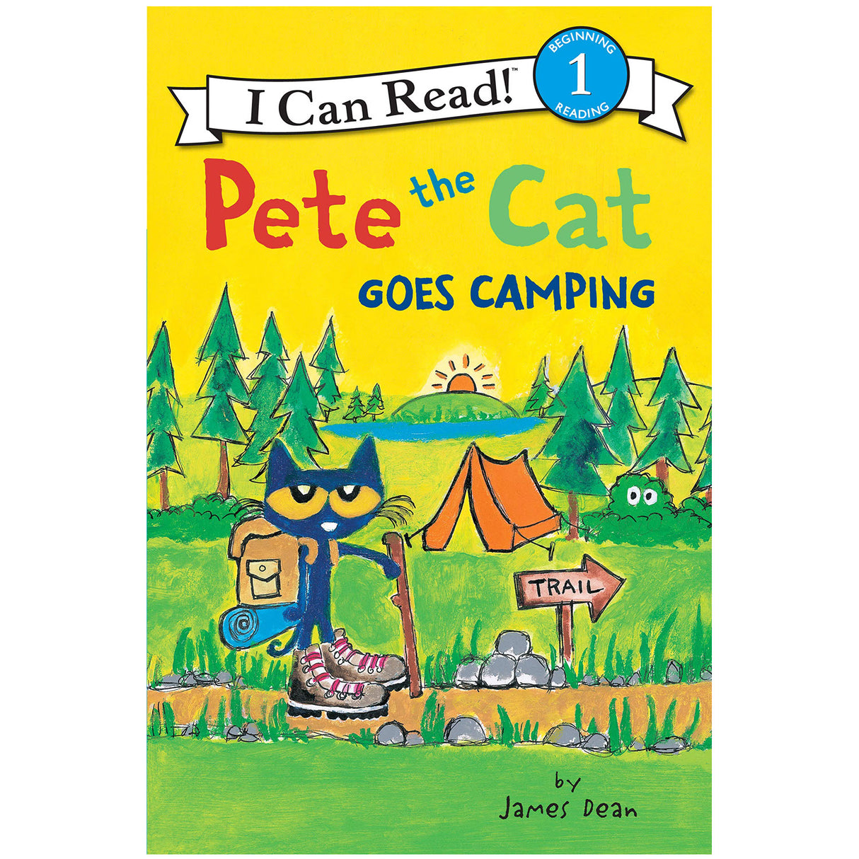 Level 1 Pete the Cat Goes Camping book cover with Pete hiking near a tent and trail in the forest.