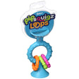 pipSquigz Teal Loop sensory baby toy with textured silicone ring, plastic rattling rings, and suction cup base for teething and play