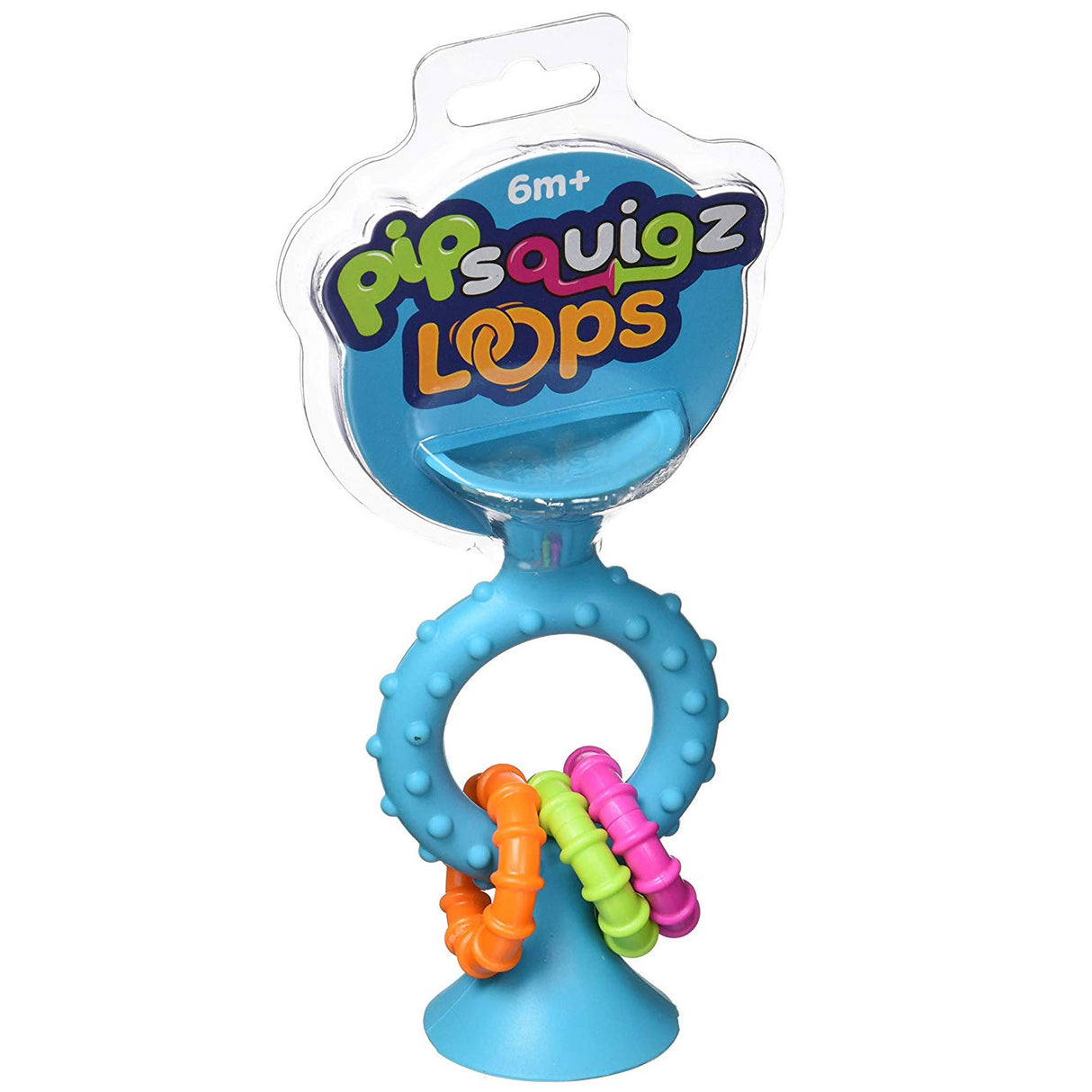 pipSquigz Teal Loop sensory baby toy with textured silicone ring, plastic rattling rings, and suction cup base for teething and play