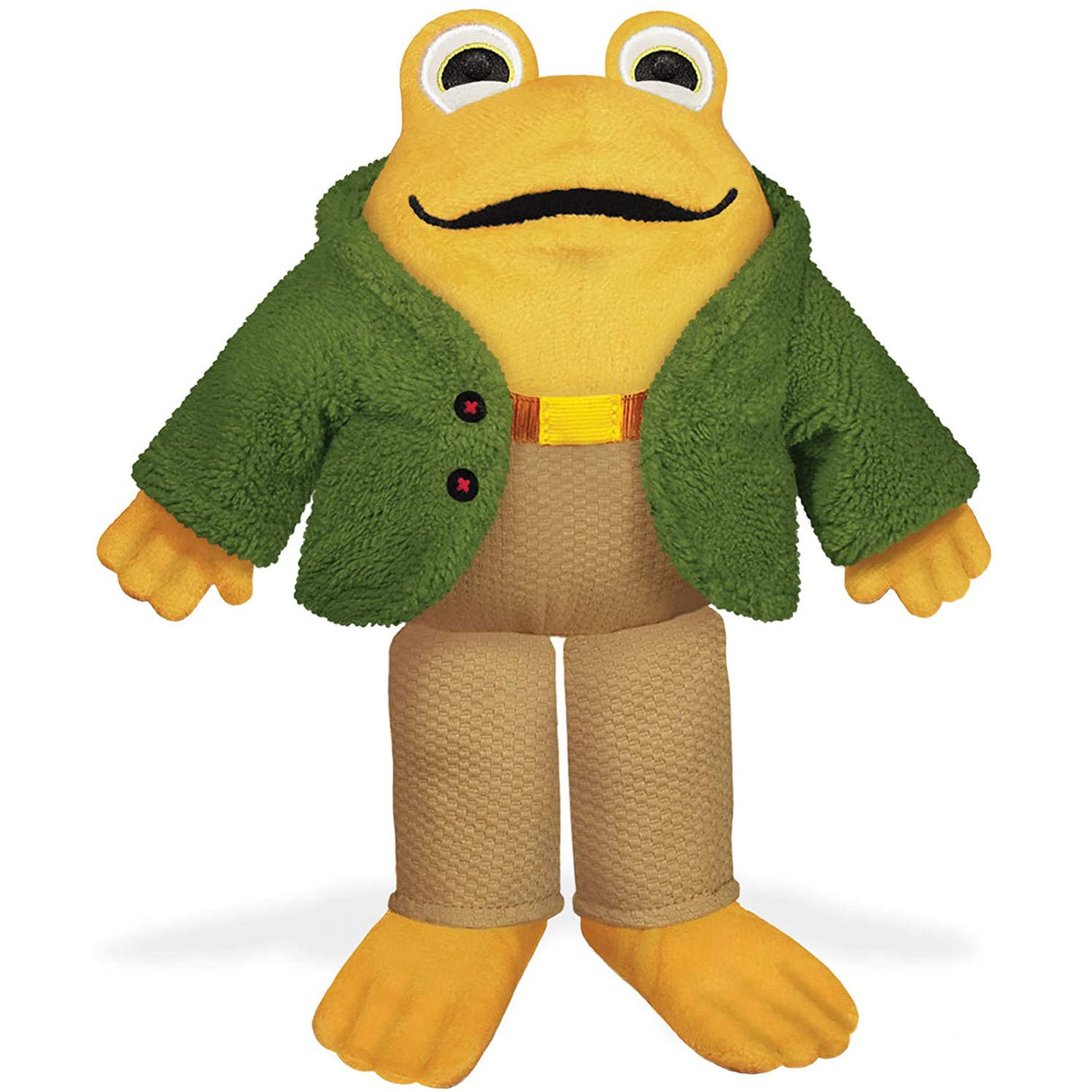 Toad plush doll wearing a green furry jacket, tan pants, and a grosgrain ribbon belt, soft and huggable toy.
