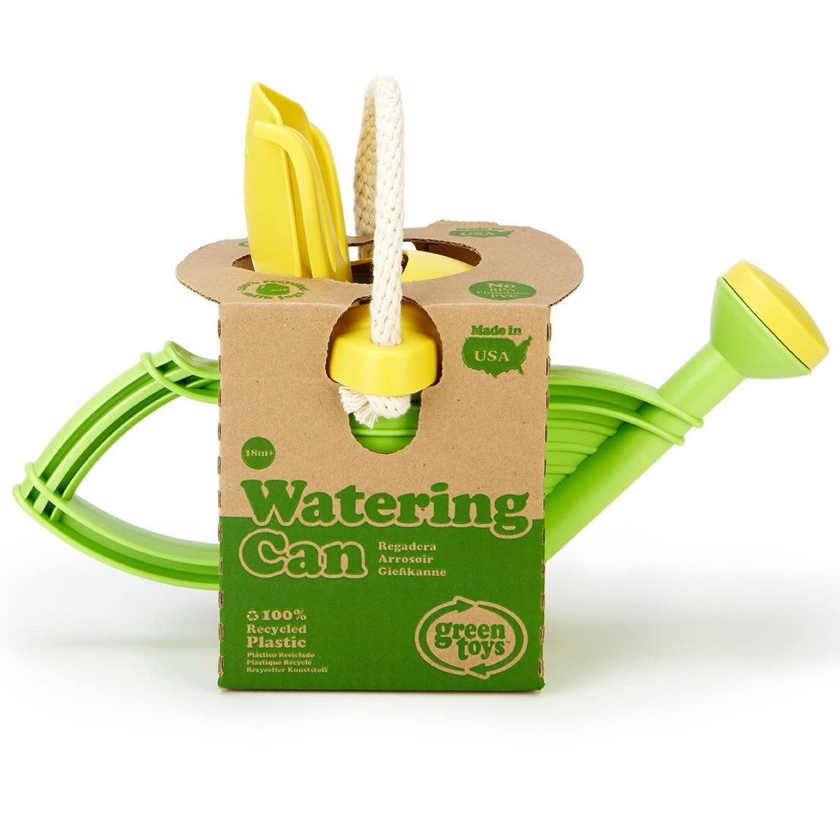 Watering Can made from 100% recycled plastic with easy-pour spout and cotton handle for kids' gardening fun.