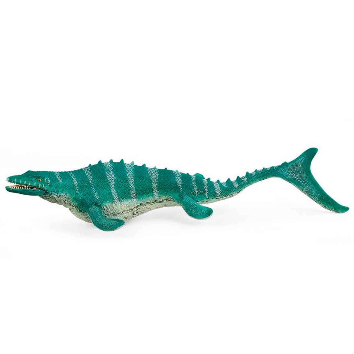 Mosasaurus toy with movable jaw and pointy teeth, detailed fins, perfect for dinosaur lovers aged 4-12 years.