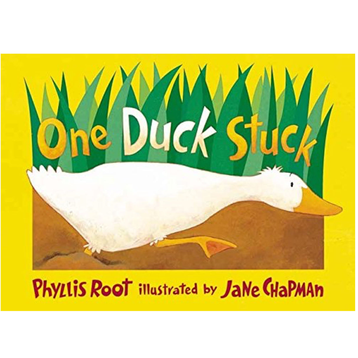 One Duck Stuck book cover with a white duck stuck in mud against yellow background and green grass text.