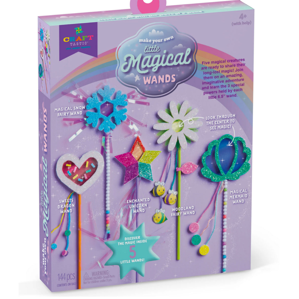 Make Your Own Magical Wands craft kit with five colorful wands featuring magical creatures and bead decorations.