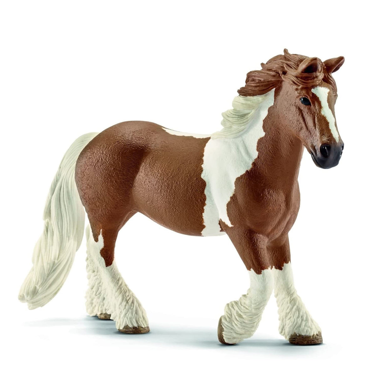 Tinker Horse Mare model with piebald coat, flowing mane, tail, and feathered fetlocks, 5.5 x 1.8 x 4.3 inch.