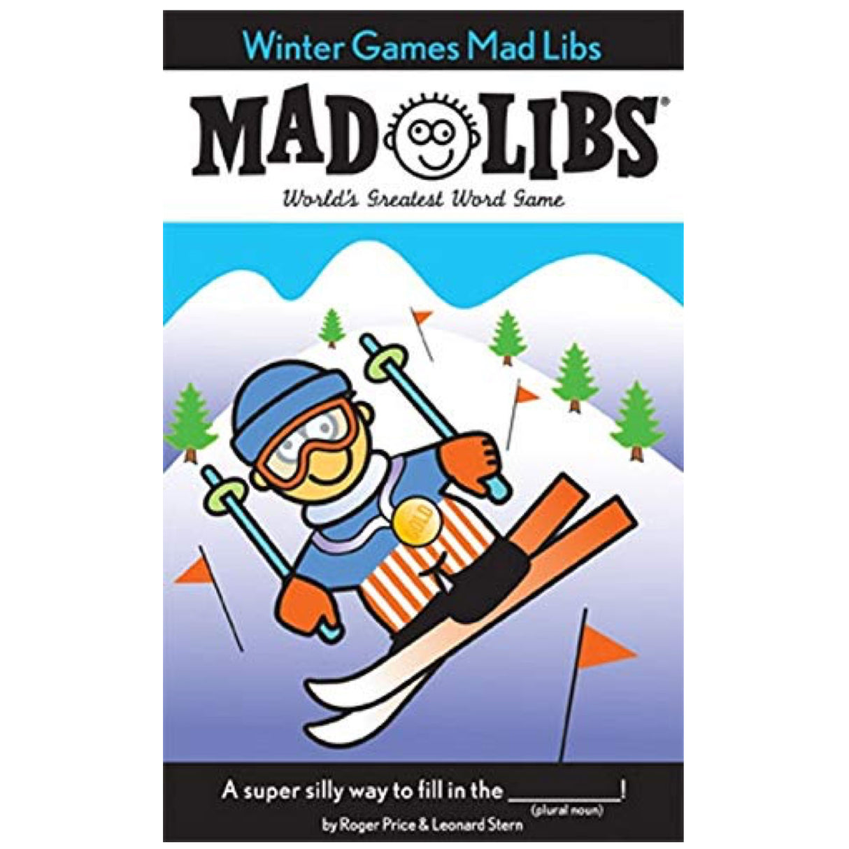 Winter Games Mad Libs cover featuring a cartoon skier with medal on snowy mountain background.