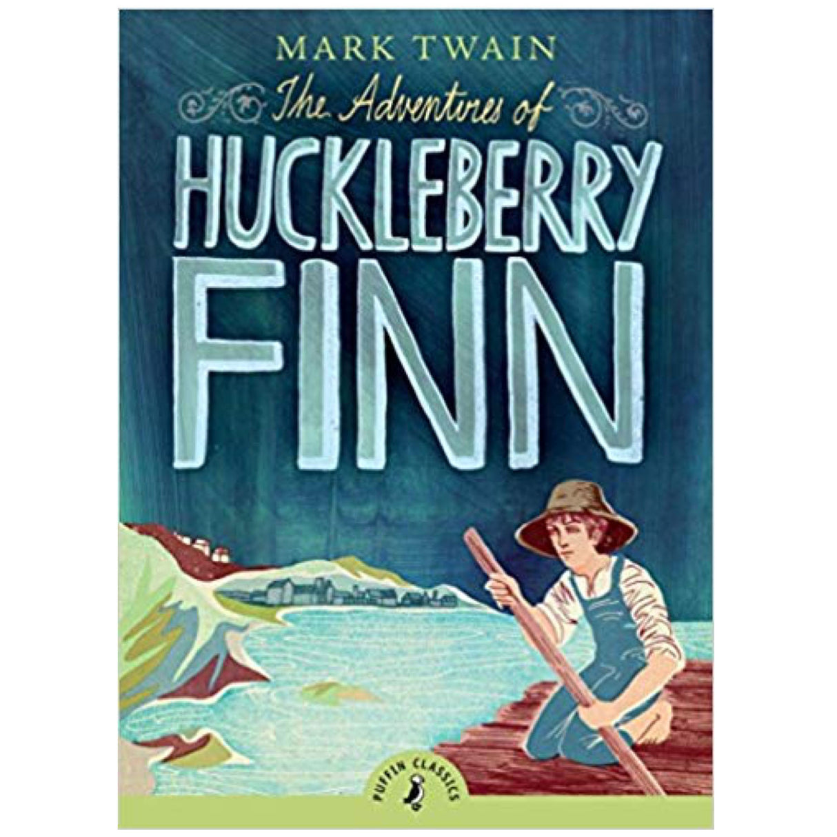 The Adventures of Huckleberry Finn book cover showing Huck paddling on a river with scenic background.