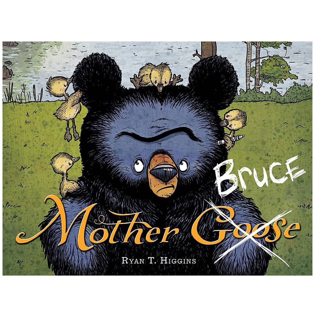Illustration of Bruce the bear surrounded by goslings on grass near water in the children’s book Mother Bruce.