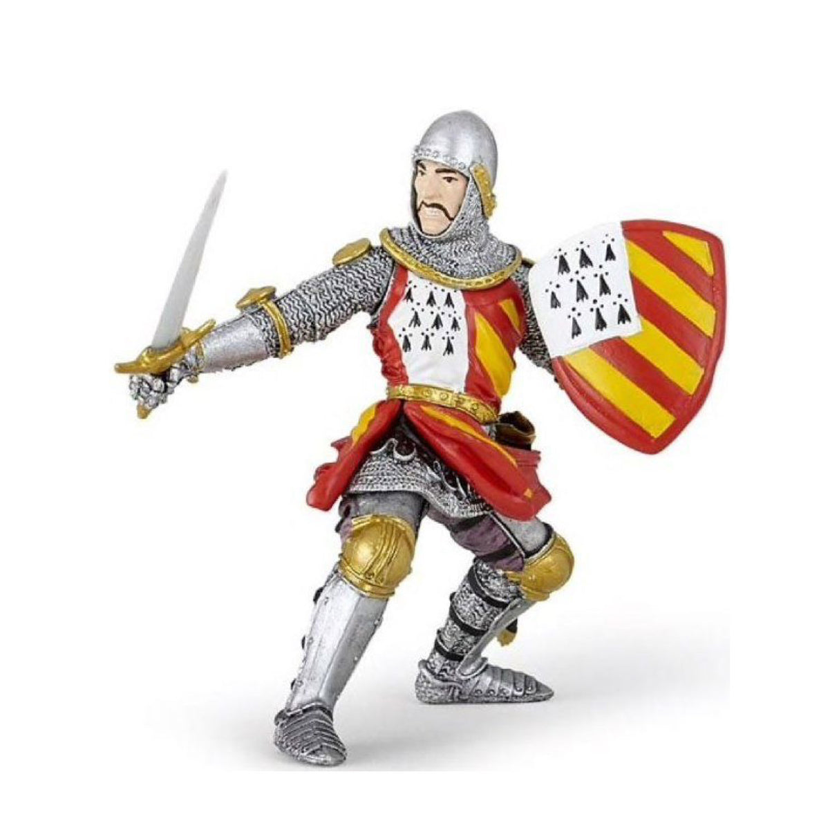 Tournament Knight figurine wearing armor with sword and shield ready for battle in medieval style pose.