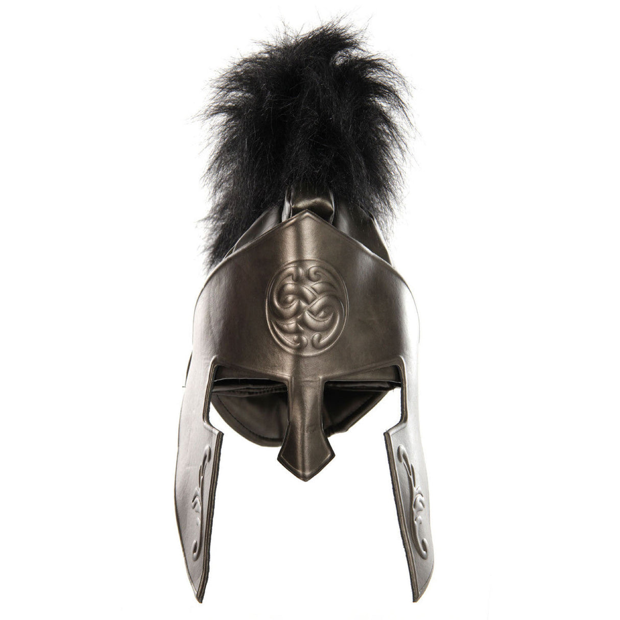 Spartan Hat with black plume, sturdy polyester cotton build, adjustable fit, and detailed warrior design for adults.