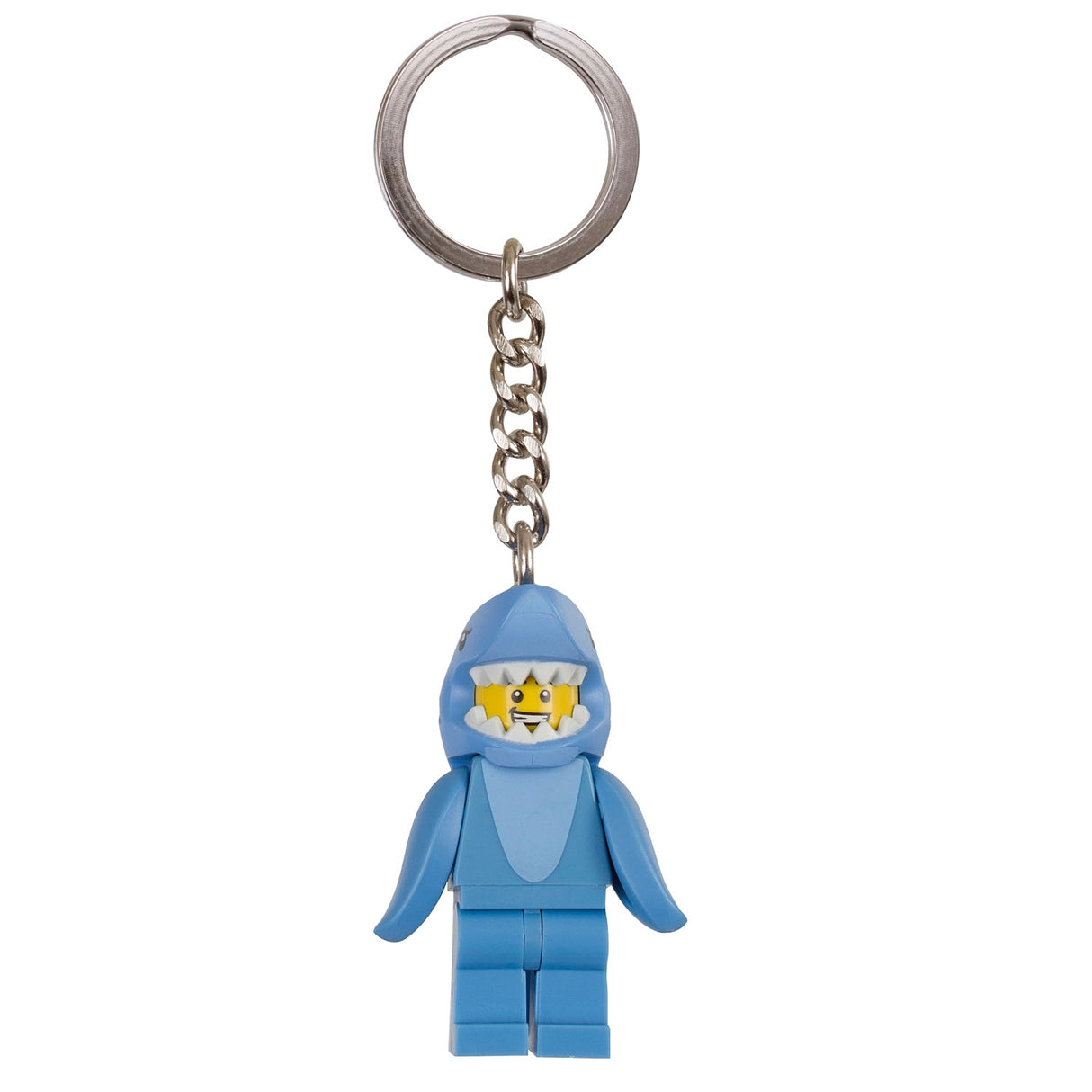 Lego KeyLight Shark Suit Guy keychain featuring a minifigure in a blue shark costume with a metal ring and chain.