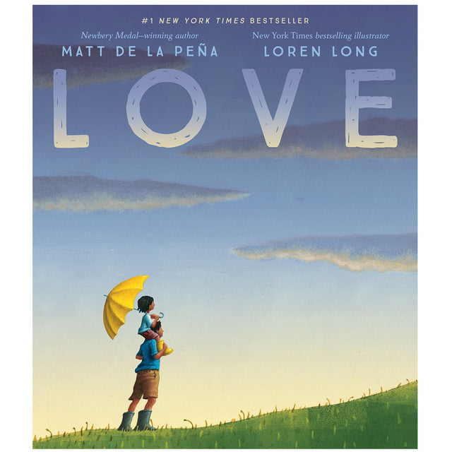 Cover of the book Love showing parent carrying child with umbrella on shoulders at sunset.